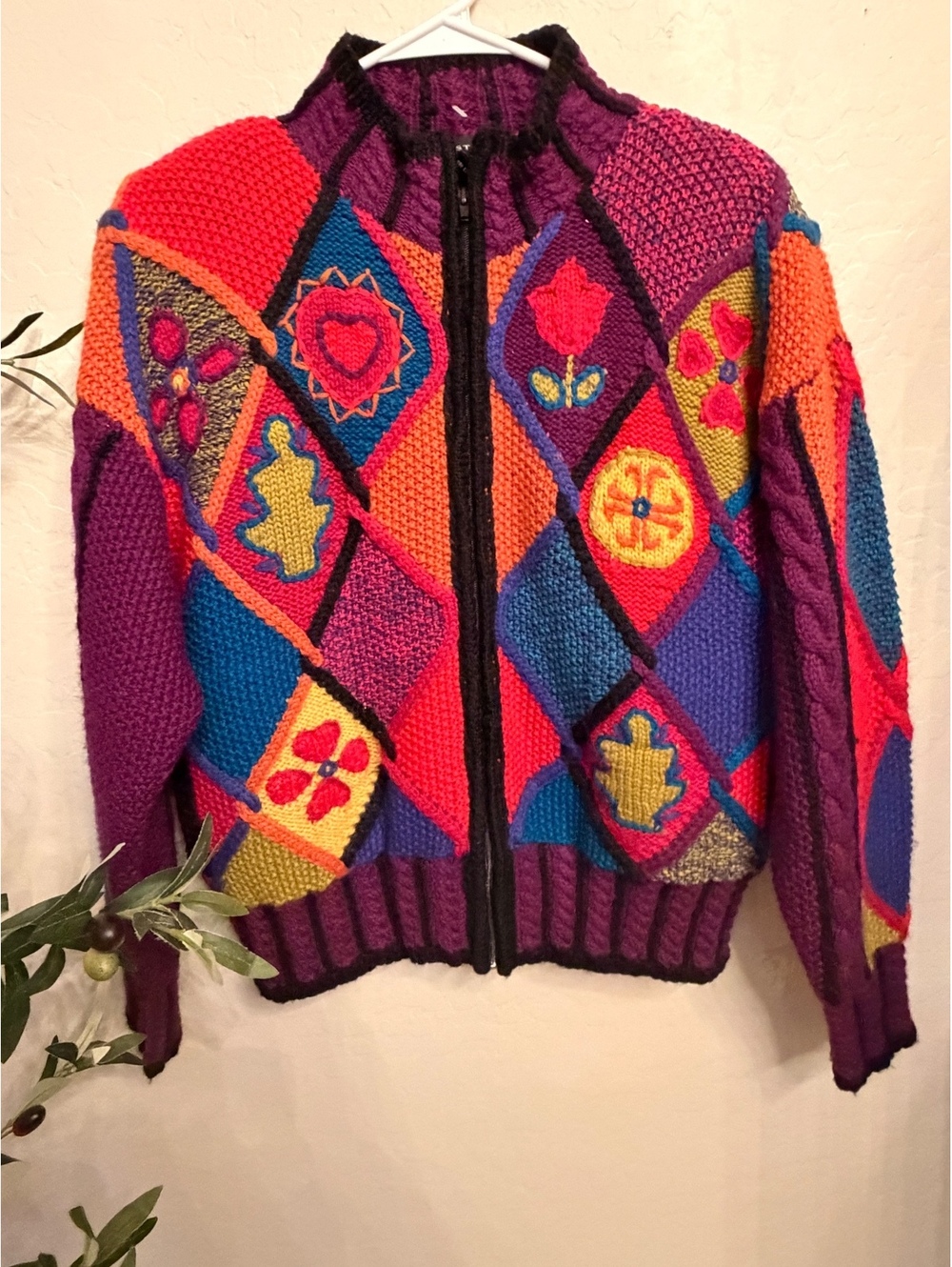Vintage August Silk Knits 3D Patchwork Wool Zip Cardigan